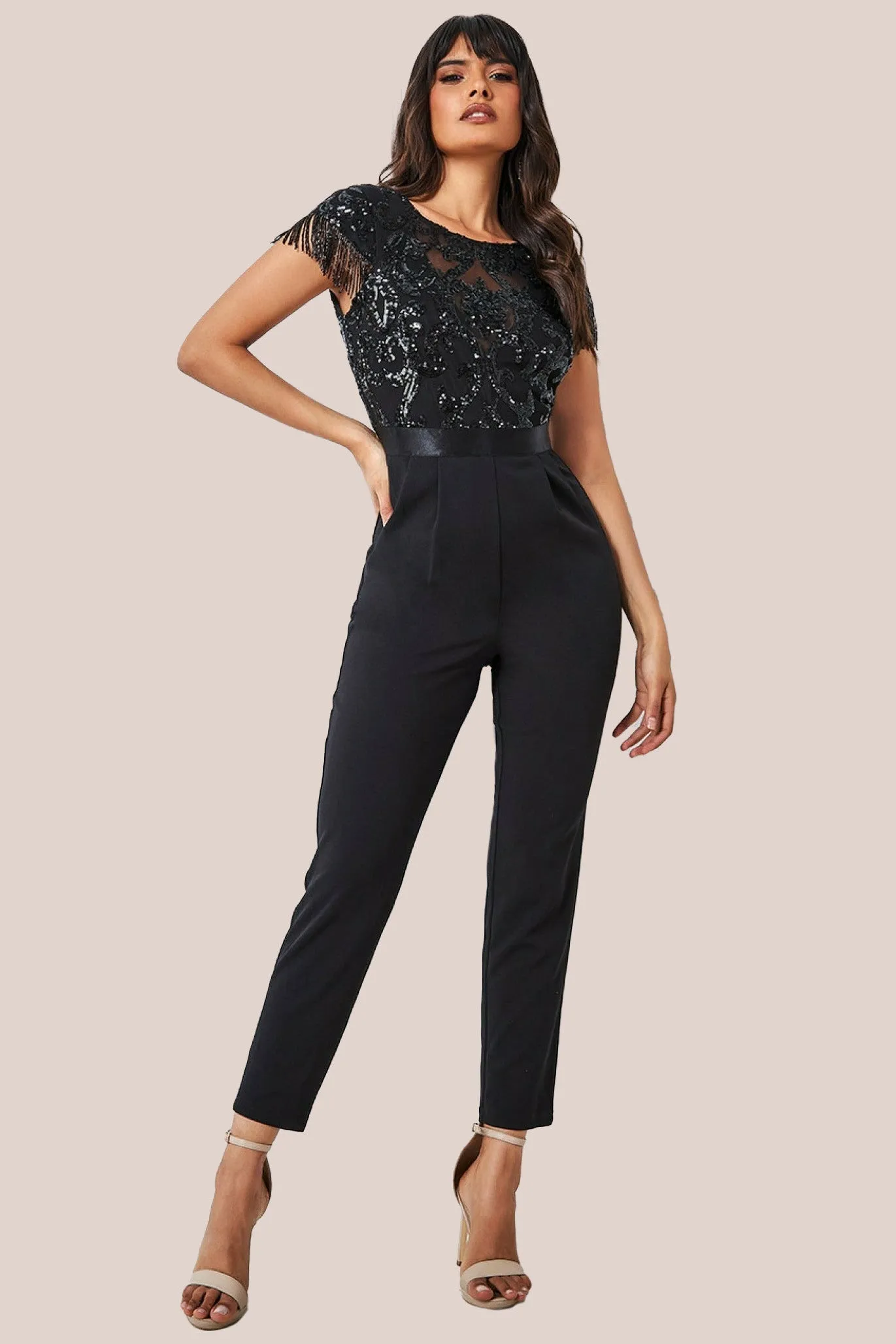 Goddiva Tassel Sequin Jumpsuit - Black