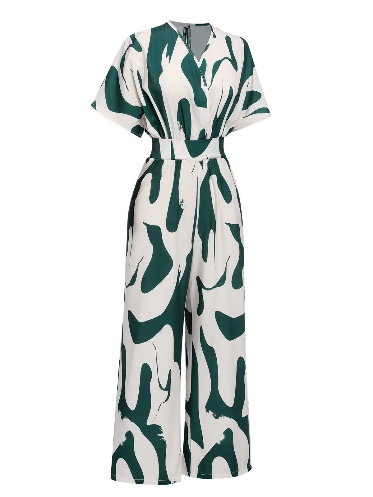 Green 1940s Print Wide-Leg Jumpsuit