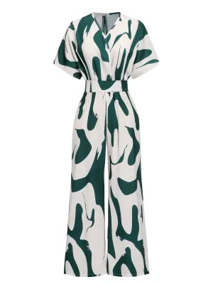 Green 1940s Print Wide-Leg Jumpsuit