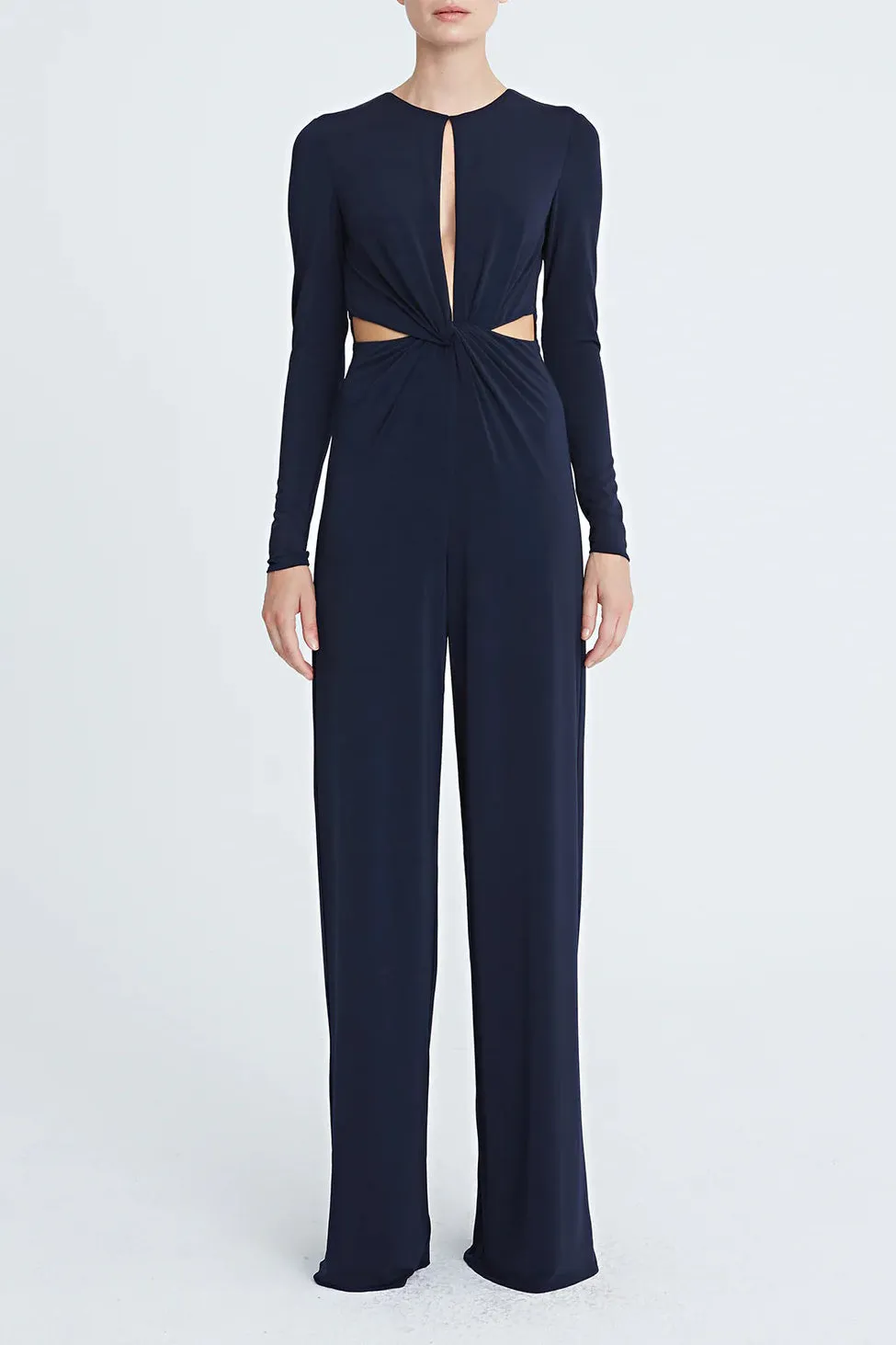 Halston Crew Neck Long Sleeve Keyhole Crossed Front Waist Cutout Solid Jersey Jumpsuit