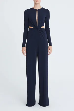 Halston Crew Neck Long Sleeve Keyhole Crossed Front Waist Cutout Solid Jersey Jumpsuit