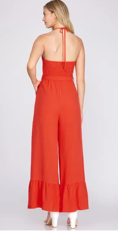 Halter Neck Smocked Top Jumpsuit