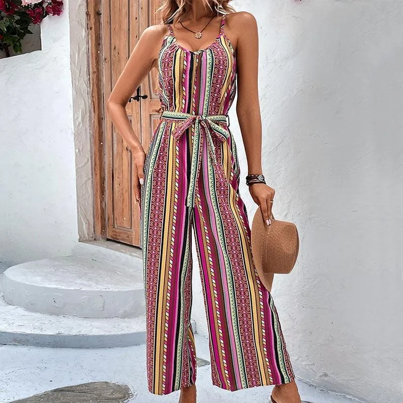 Halter Neck Striped Resort Style Jumpsuit for Women