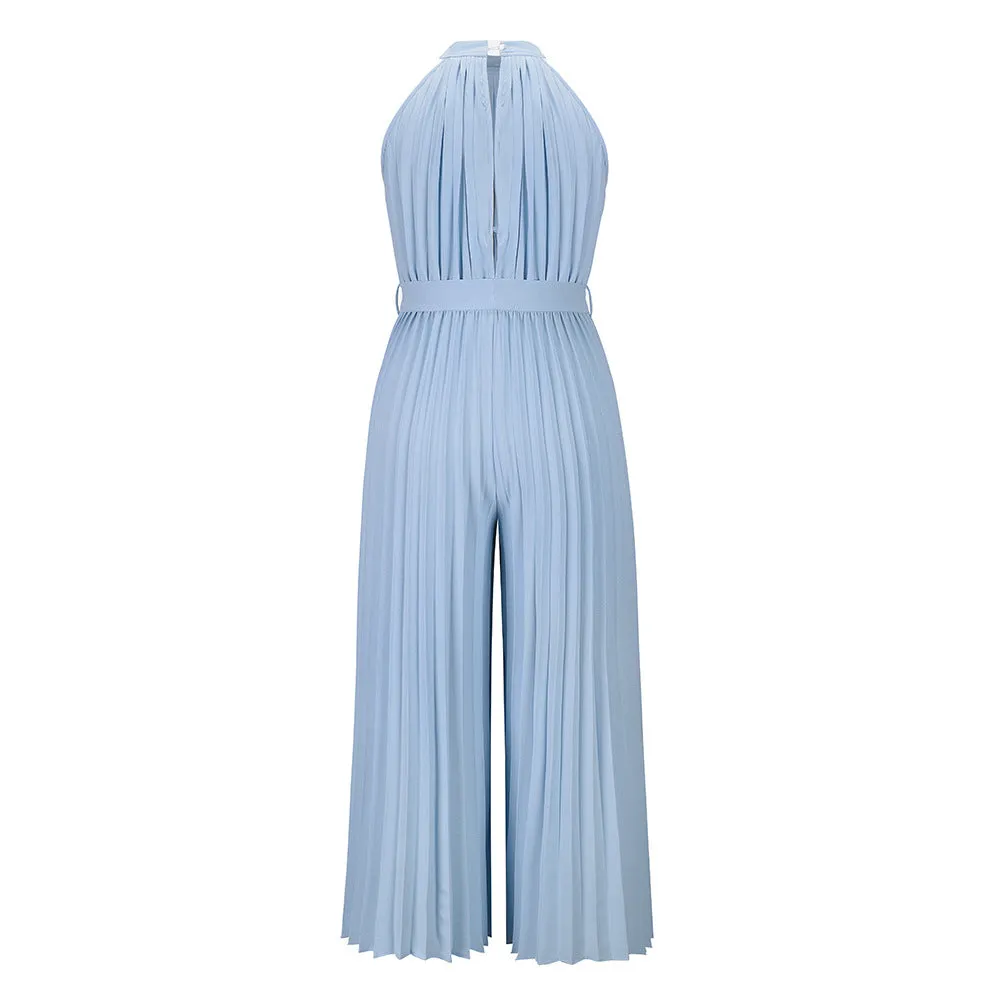 Halter Sleeveless Pleated Summer Belted Slim-fit Pleated Wide Jumpsuit