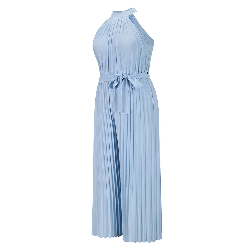 Halter Sleeveless Pleated Summer Belted Slim-fit Pleated Wide Jumpsuit