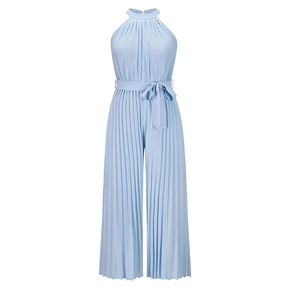 Halter Sleeveless Pleated Summer Belted Slim-fit Pleated Wide Jumpsuit