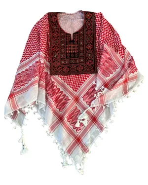 Hand Stitched Red & White Poncho with Keffiyeh design and Embroidery