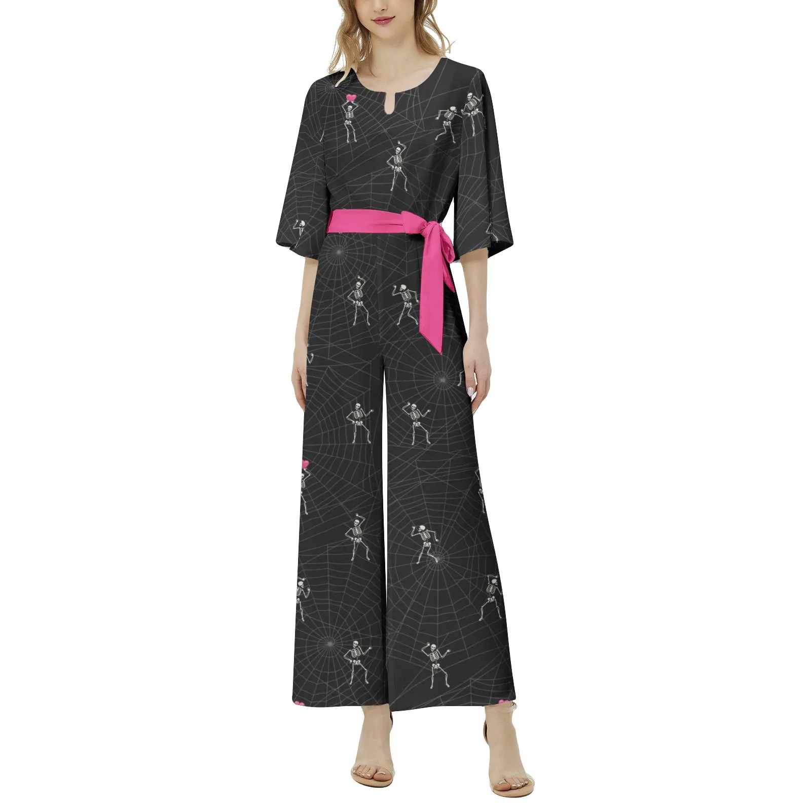 Heart Bones and Cobwebs Dolman Sleeve Belted Wide Leg Jumpsuit