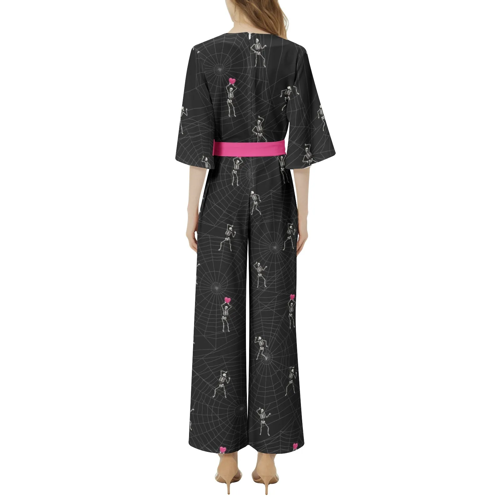 Heart Bones and Cobwebs Dolman Sleeve Belted Wide Leg Jumpsuit