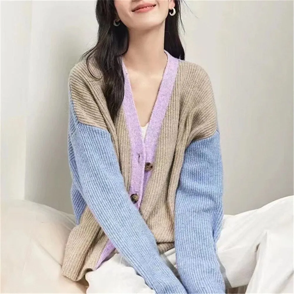 Hit Color Design Sweaters For Women V Neck Long Sleeve Patchwork Single Breasted Knitting Casual Sweater Female