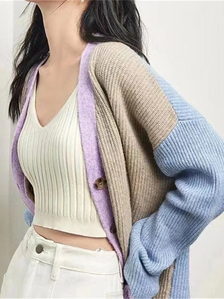 Hit Color Design Sweaters For Women V Neck Long Sleeve Patchwork Single Breasted Knitting Casual Sweater Female