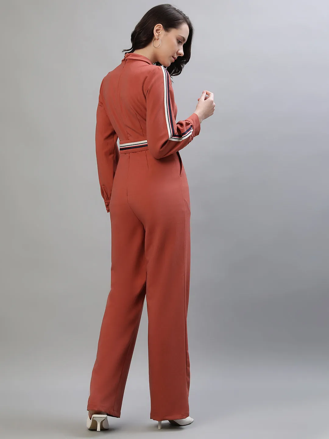 Iconic Women Rust Solid High Neck Full Sleeves Jumpsuit