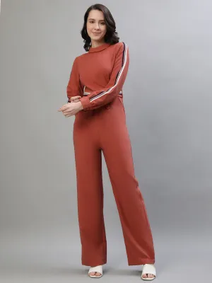 Iconic Women Rust Solid High Neck Full Sleeves Jumpsuit