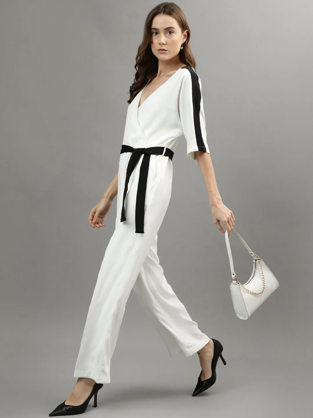 Iconic Women White Solid V Neck Jumpsuit