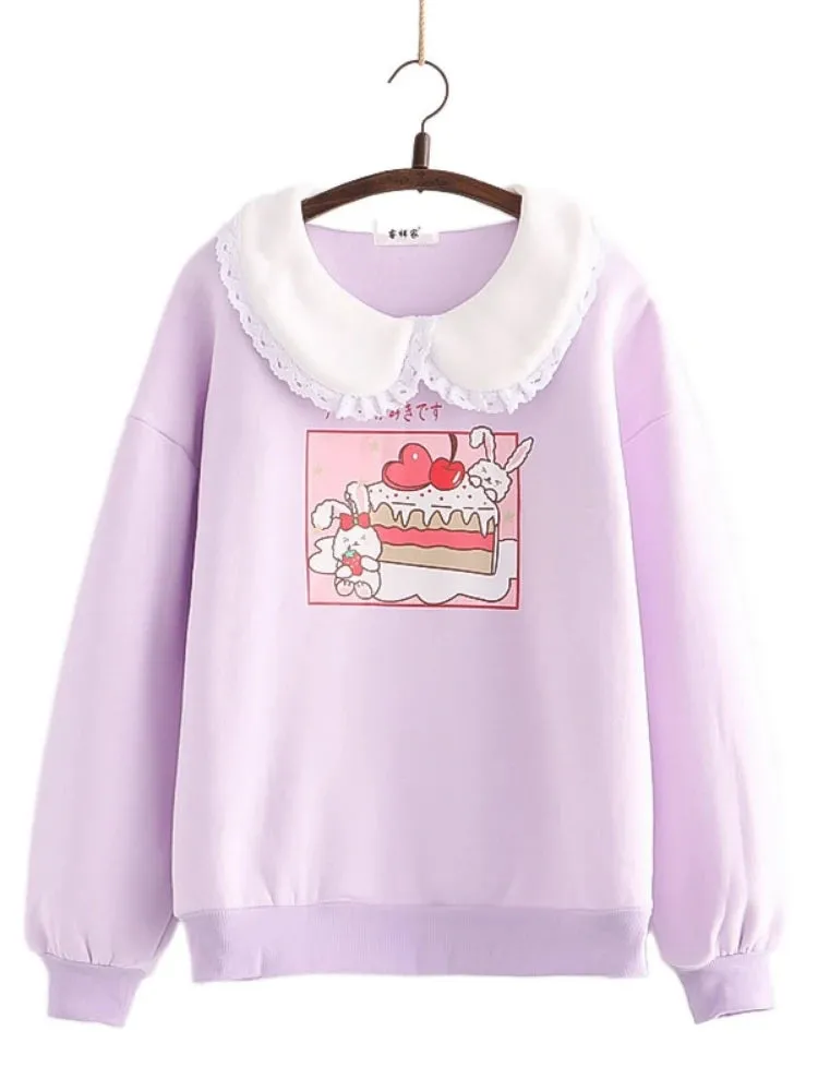 Japan Style Kawaii Rabbit Print Harajuku Women Sweatshirt Winter Long Sleeve Peter Pan Collar Sweet Female Cute Pullover Top