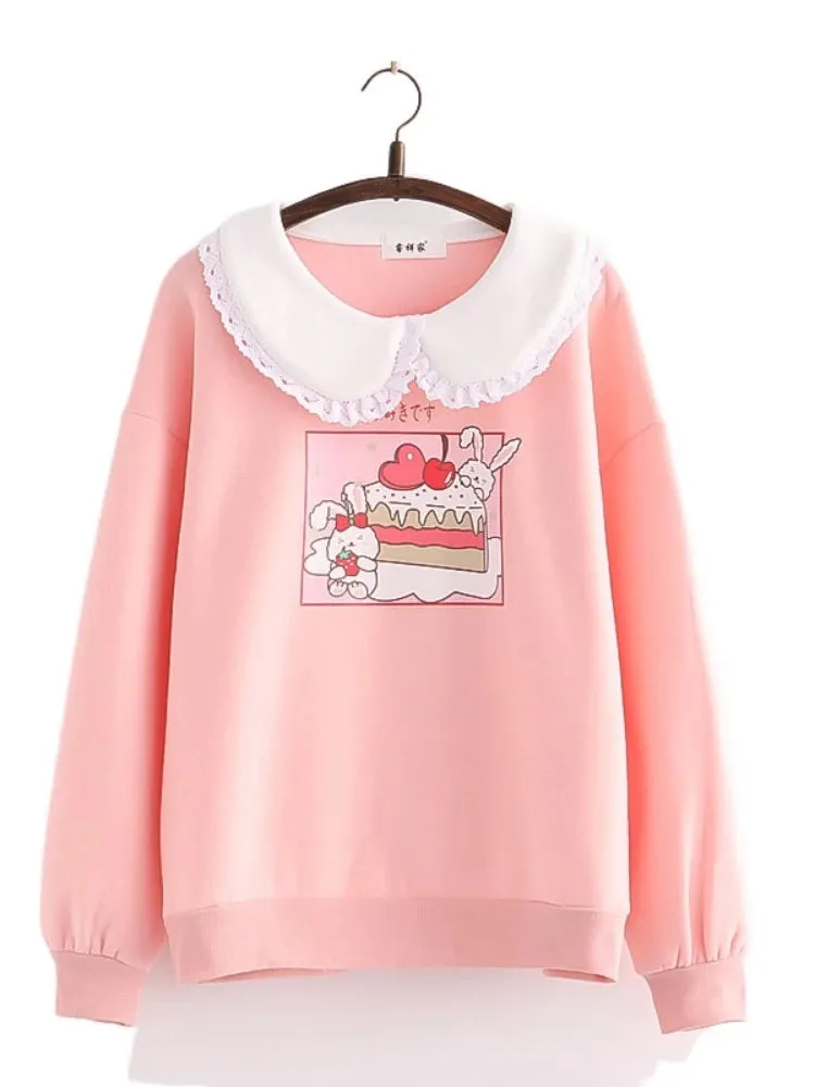 Japan Style Kawaii Rabbit Print Harajuku Women Sweatshirt Winter Long Sleeve Peter Pan Collar Sweet Female Cute Pullover Top