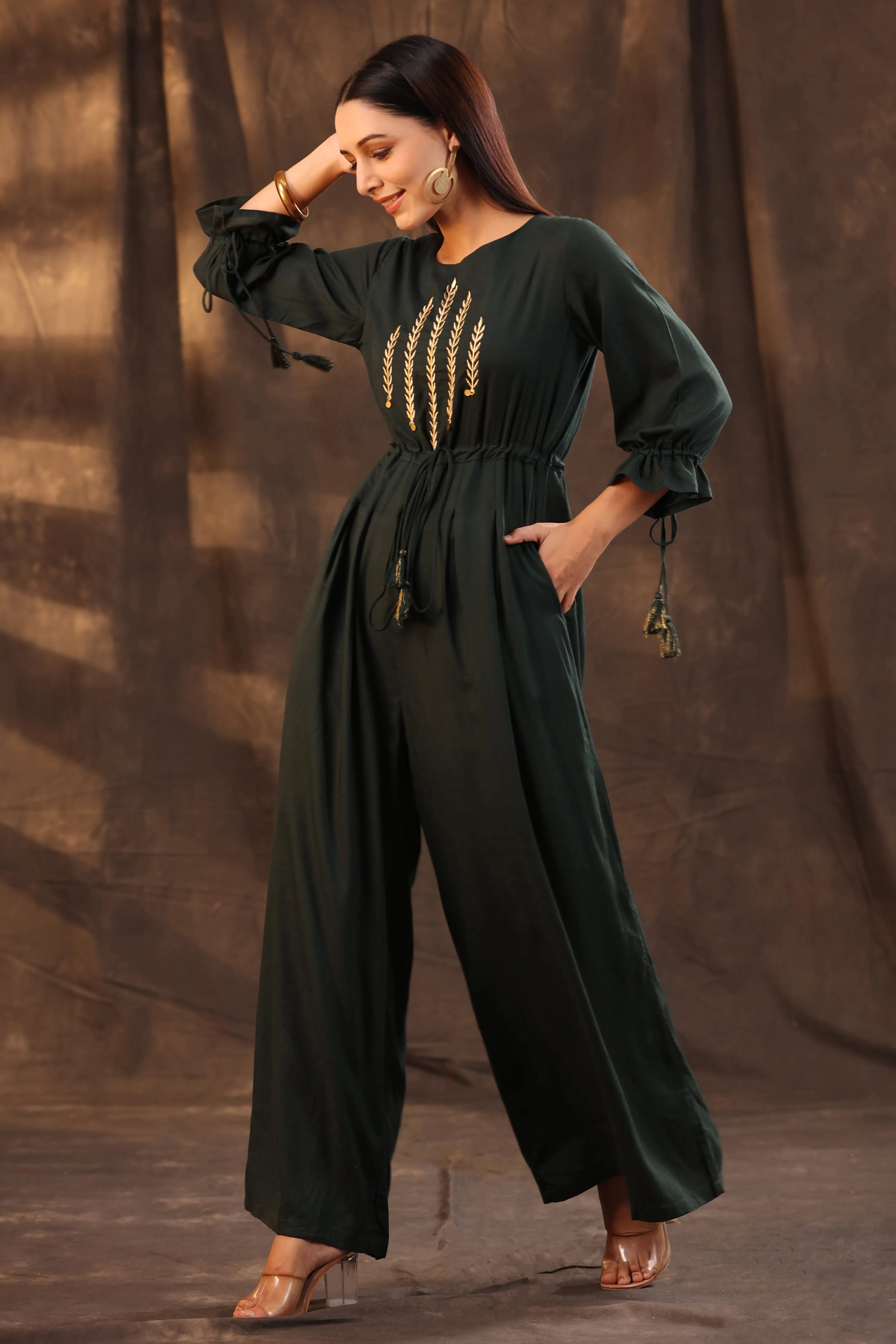 Jashvi Jade Green Ethnic Motif Printed Rayon Slub Jumpsuit With Zari Work Embroidery