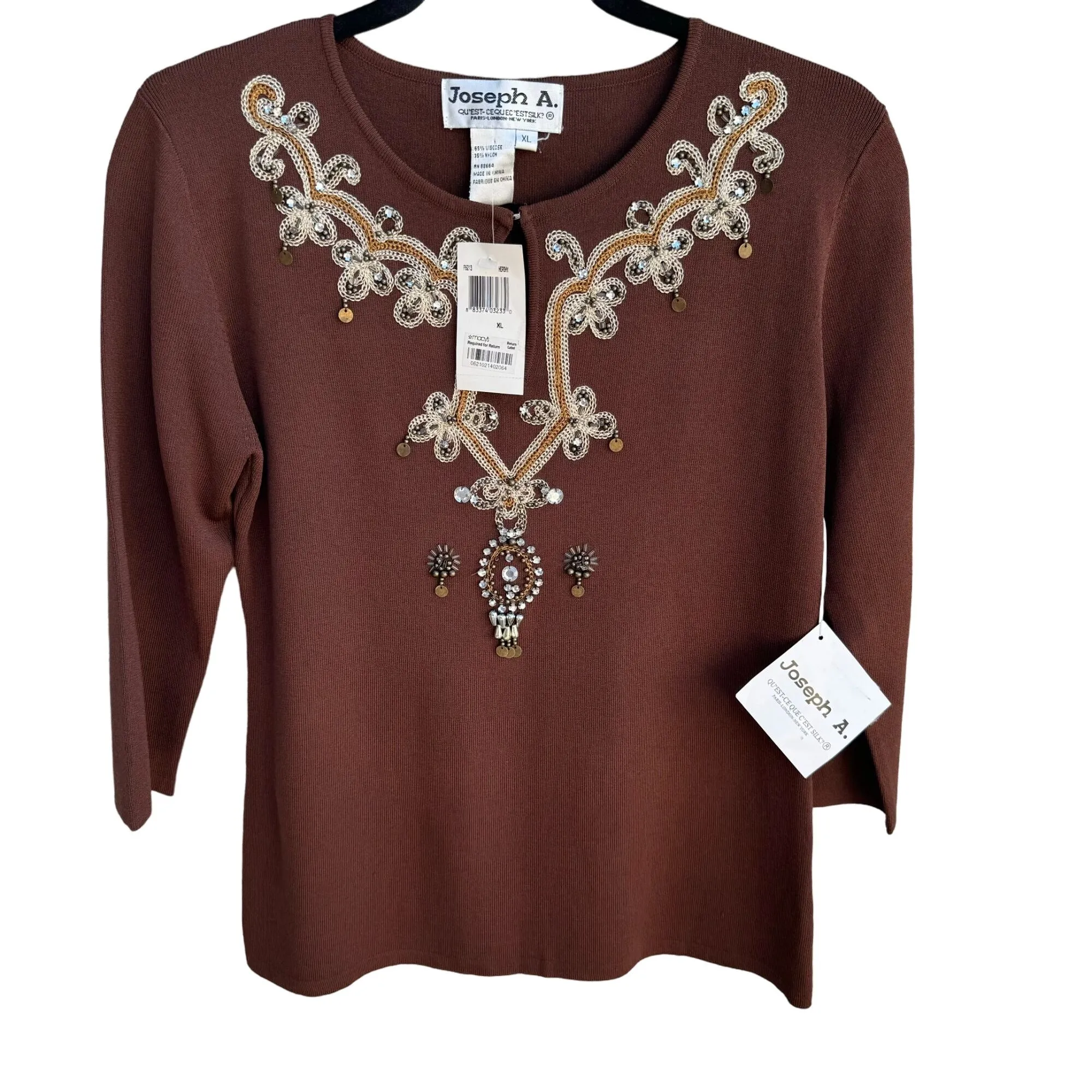 Joseph A. Womens Beaded Embroidered Embellished Brown 3/4 Sleeve Top - New - XL