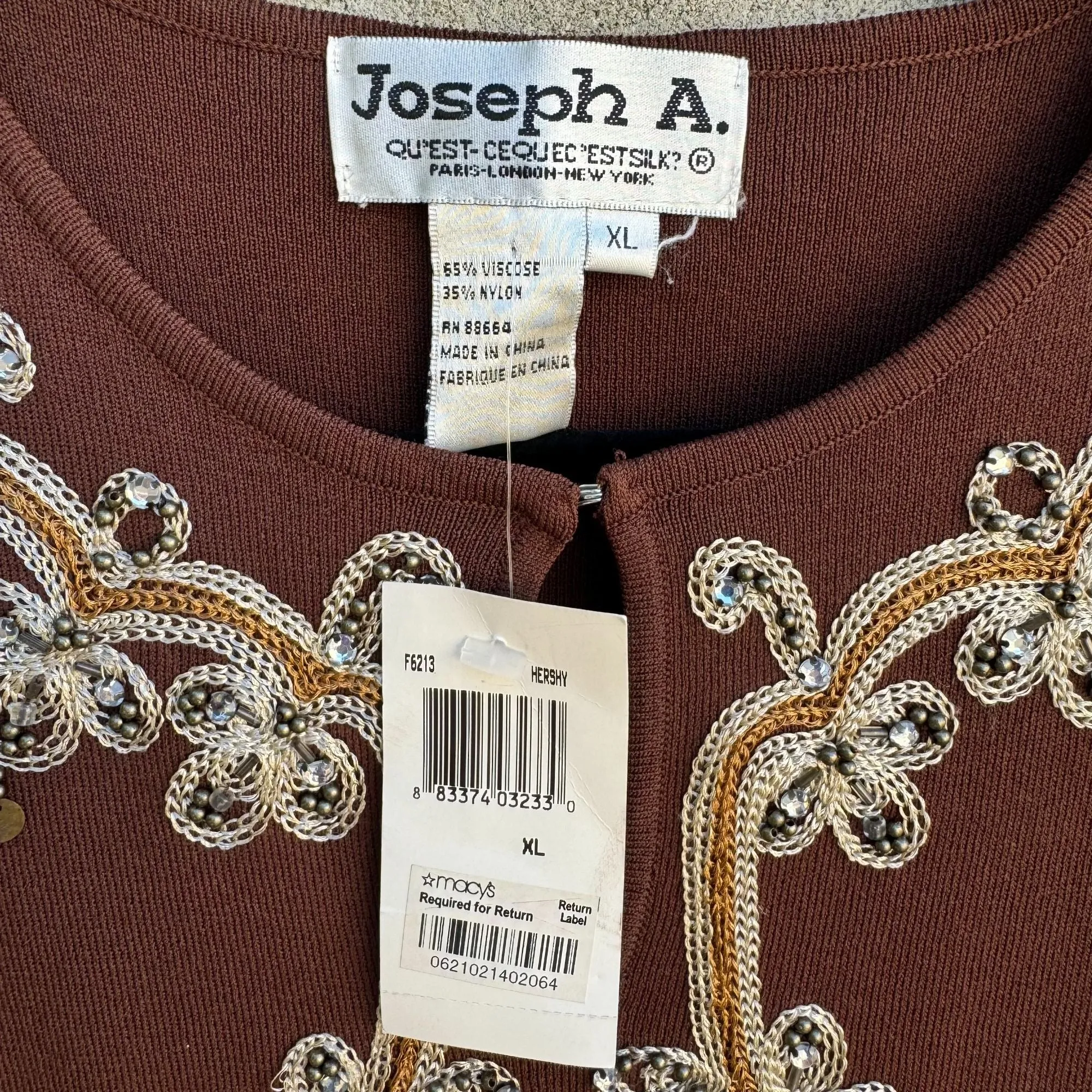 Joseph A. Womens Beaded Embroidered Embellished Brown 3/4 Sleeve Top - New - XL