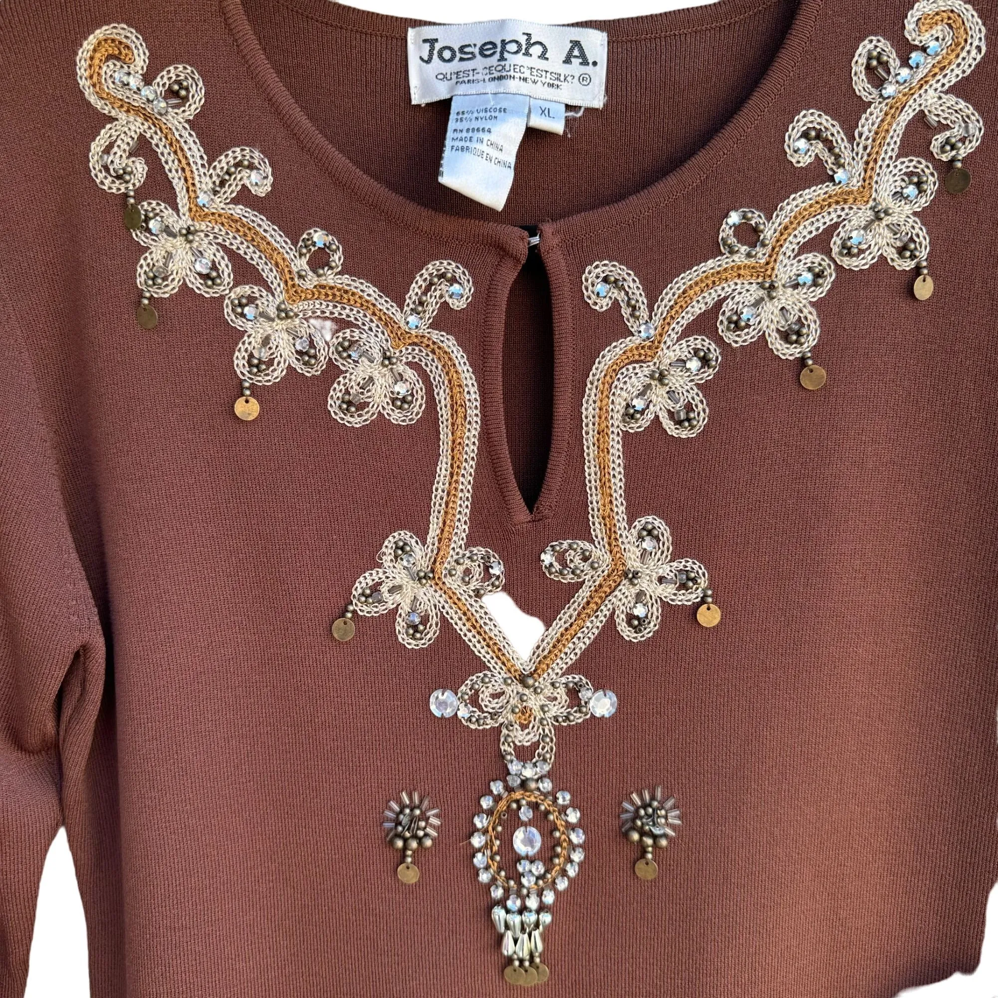 Joseph A. Womens Beaded Embroidered Embellished Brown 3/4 Sleeve Top - New - XL