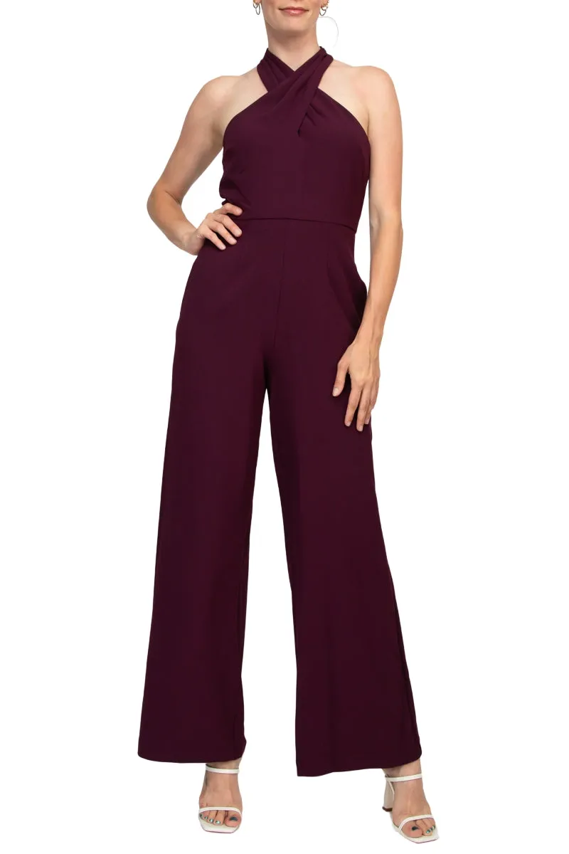 Julia Jordan Stretch Criss Cross Halter Neckline Sleeveless Crepe Jumpsuit With Pockets