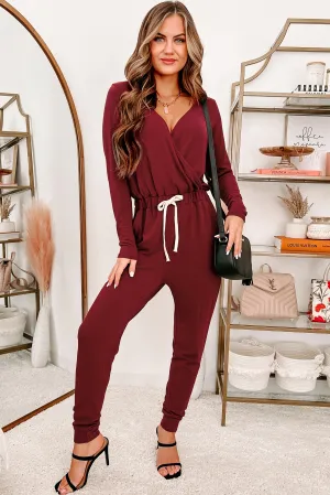 Jump Into It Long Sleeve Terry Cloth Jumpsuit (Wine)