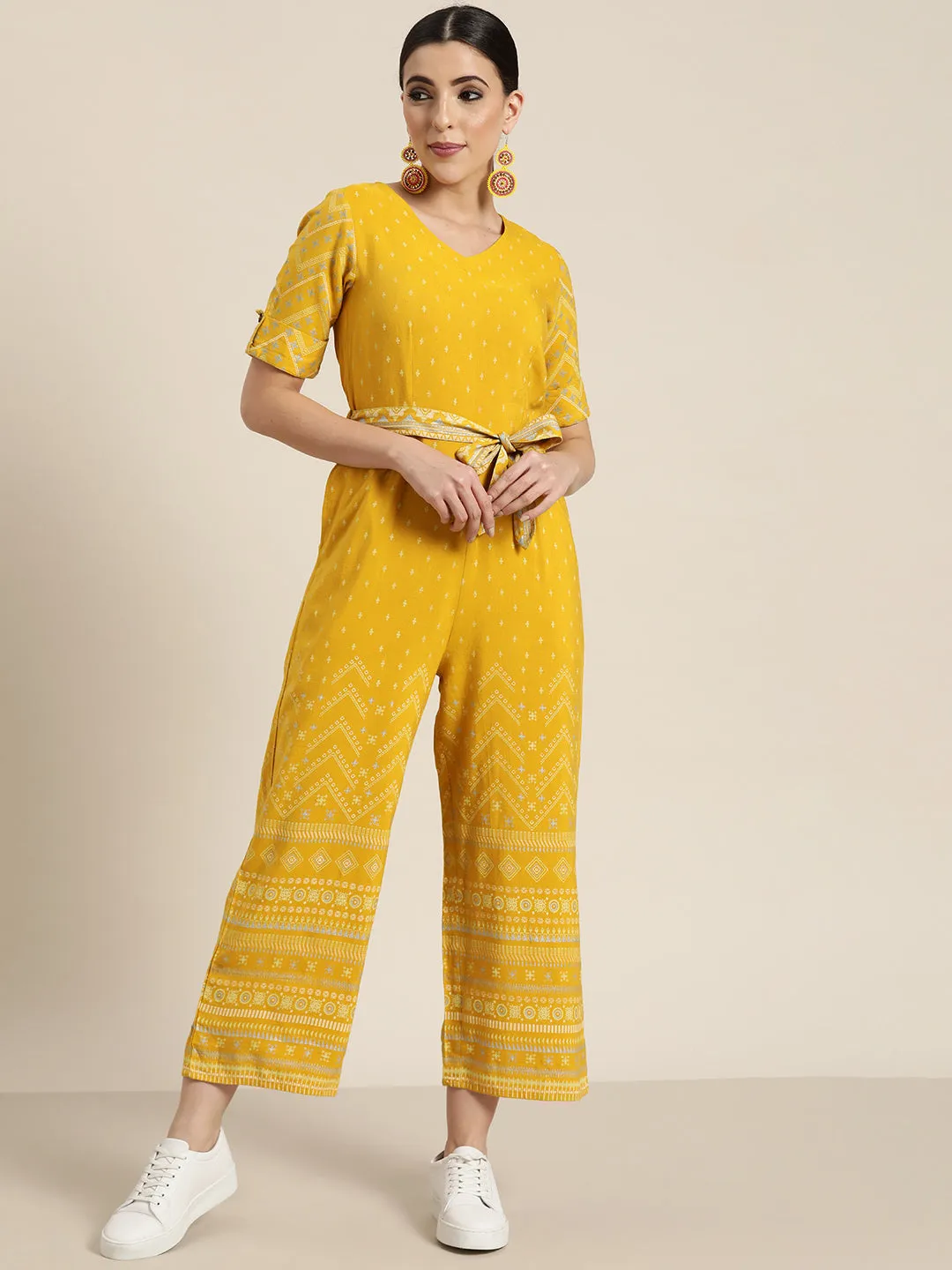 Juniper Mustard Ethnic Motif Printed Rayon Flex Jumpsuit.