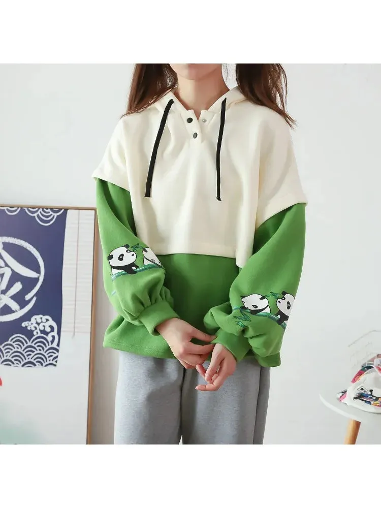 Kawaii Panda Embroidery Fleece Women Hoodies Patchwork Drawstring Hooded Sweatshirt Winter Female Pullover Cute Tops