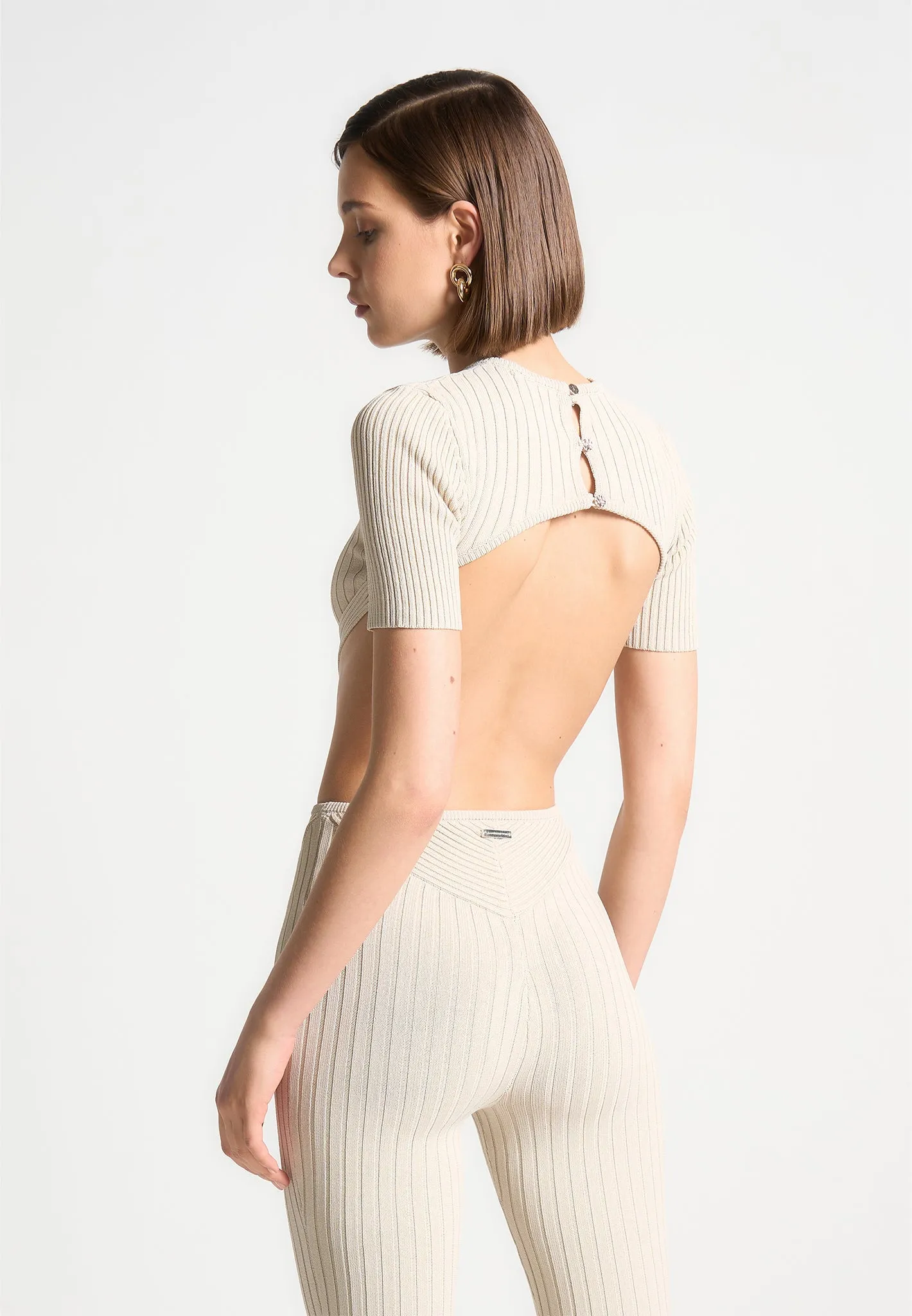 Knitted Backless Jumpsuit - Beige