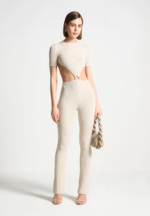 Knitted Backless Jumpsuit - Beige