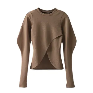 Knitting Casual T Shirts For Women Round Neck Puff Sleeve Solid Pullover T Shirt Female Fashion Clothing