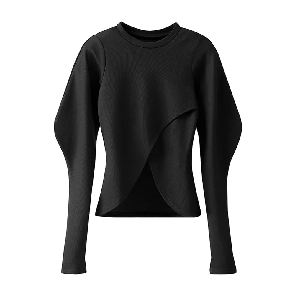 Knitting Casual T Shirts For Women Round Neck Puff Sleeve Solid Pullover T Shirt Female Fashion Clothing