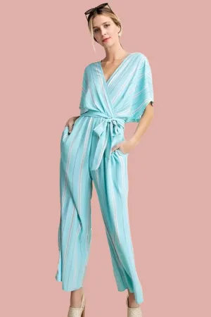 Kori Striped Belted Casual Crop Jumpsuit - Mint Emerald