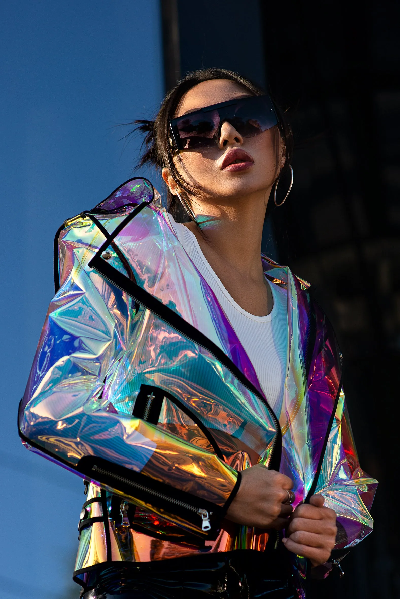 Ladies Iridescent TPU Biker Jacket. Festive jacket.