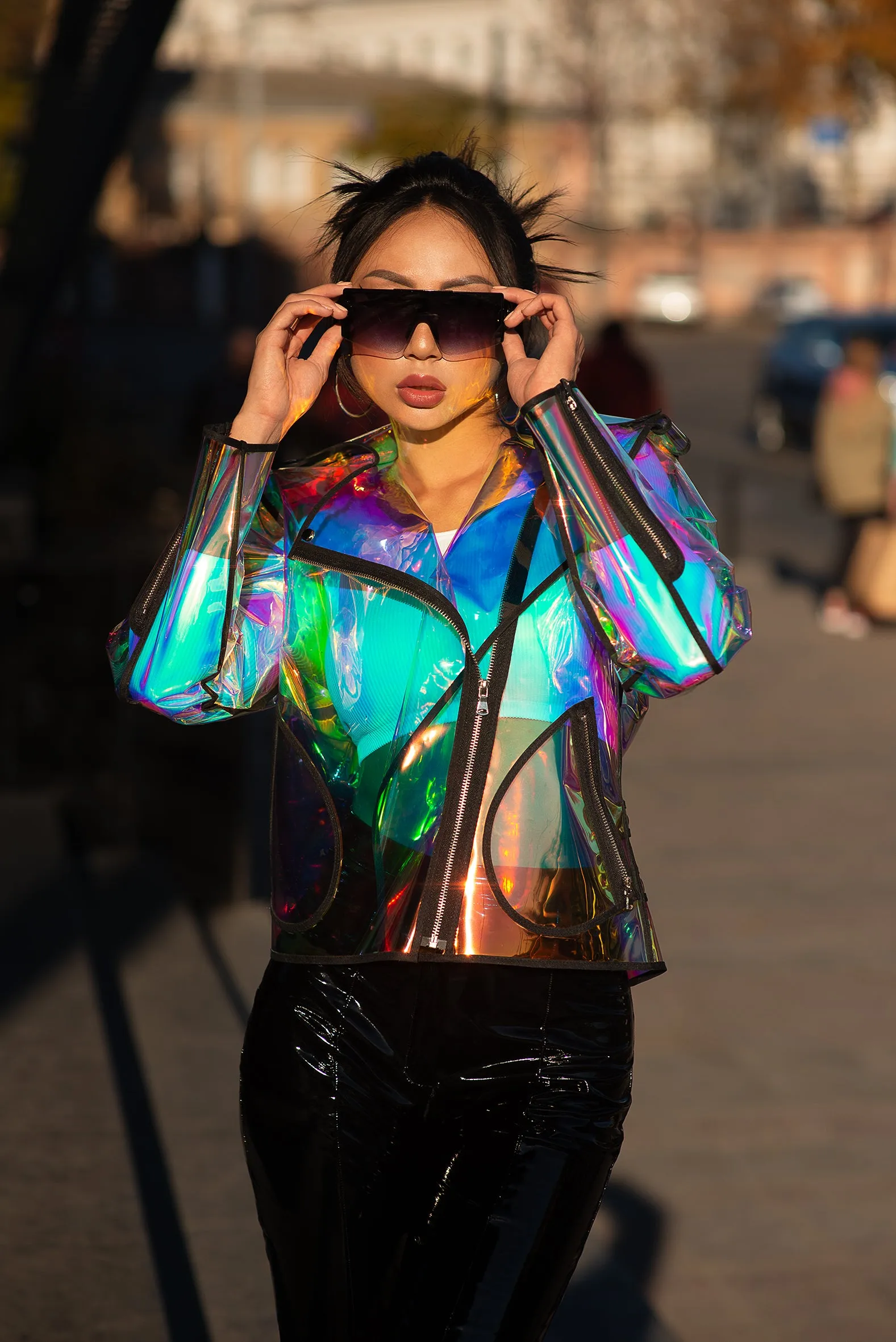 Ladies Iridescent TPU Biker Jacket. Festive jacket.