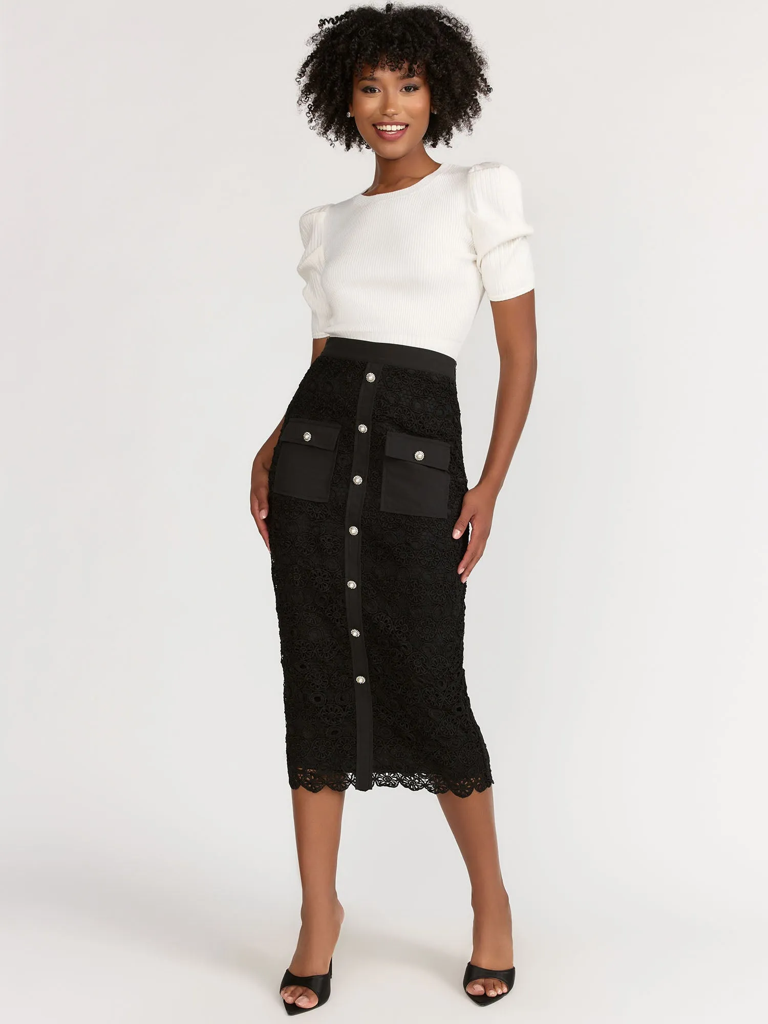 Lena Pearl Button Front Crochet Lace Pencil Skirt - Brands We Love