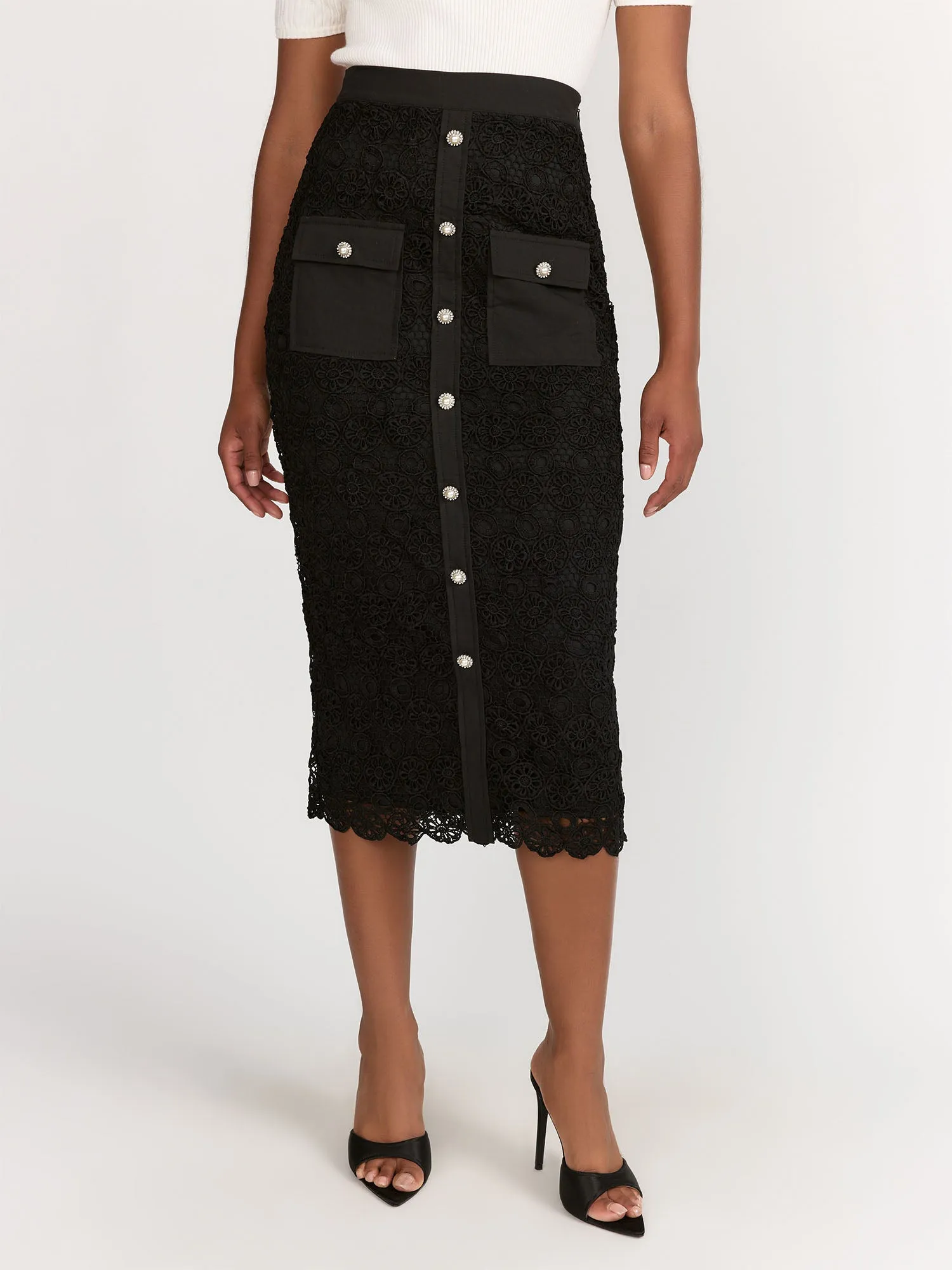 Lena Pearl Button Front Crochet Lace Pencil Skirt - Brands We Love