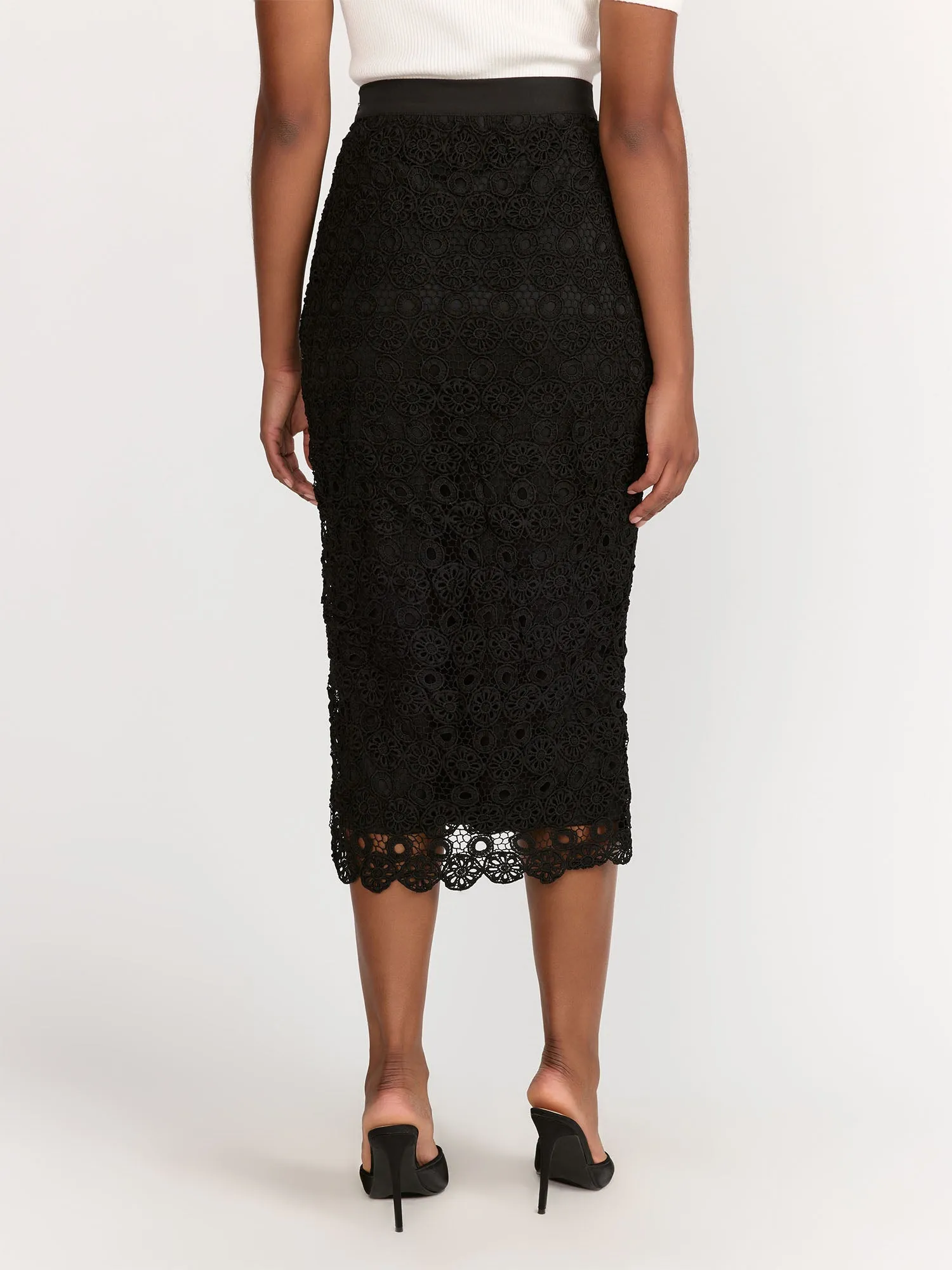 Lena Pearl Button Front Crochet Lace Pencil Skirt - Brands We Love