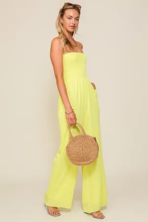 Lime Smocked Wide Leg Jumpsuits With Pockets