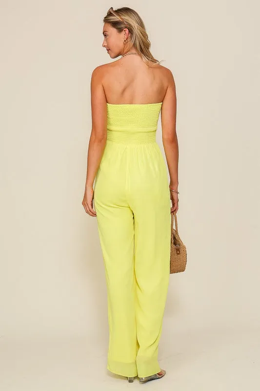 Lime Smocked Wide Leg Jumpsuits With Pockets