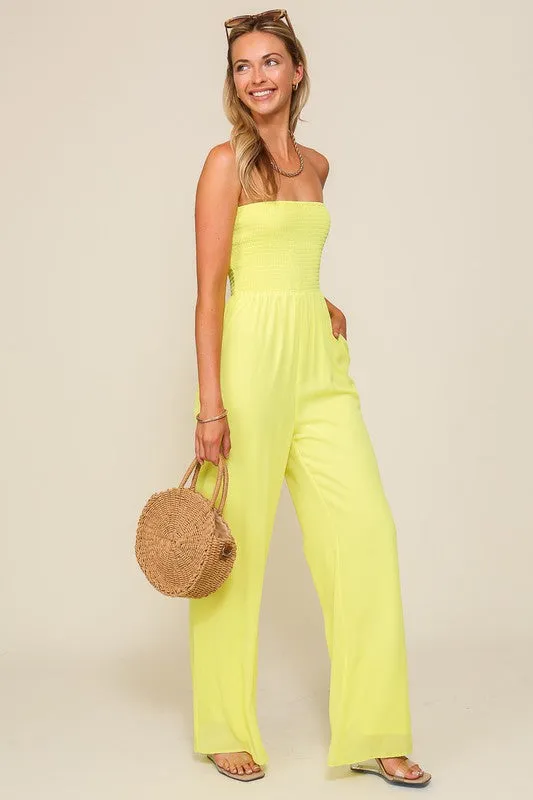 Lime Smocked Wide Leg Jumpsuits With Pockets