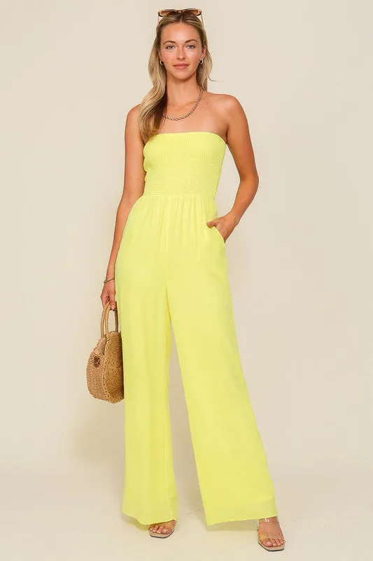 Lime Smocked Wide Leg Jumpsuits With Pockets