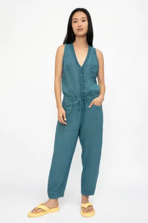 Linen Button Down Jumpsuit in Octanium