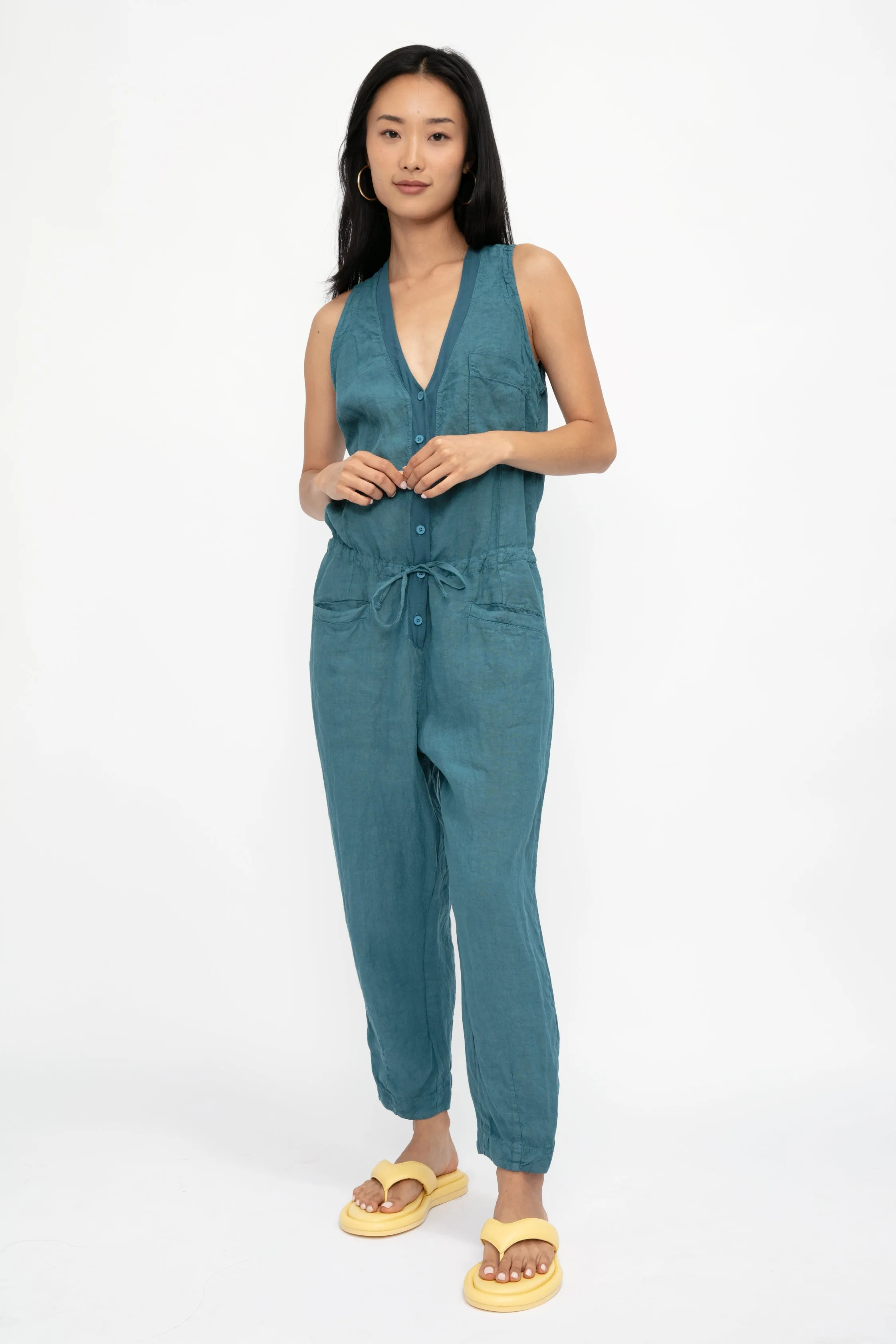 Linen Button Down Jumpsuit in Octanium