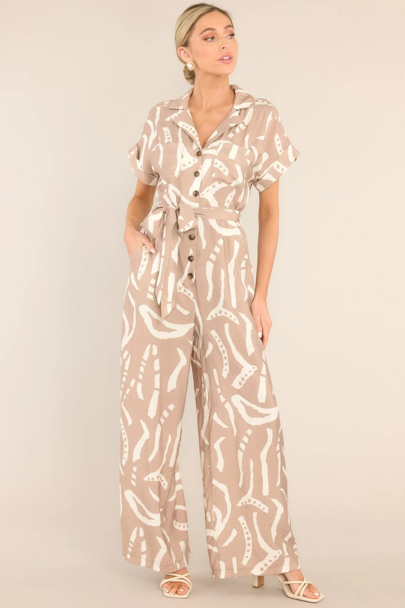 Living In Harmony Taupe Button Front Jumpsuit