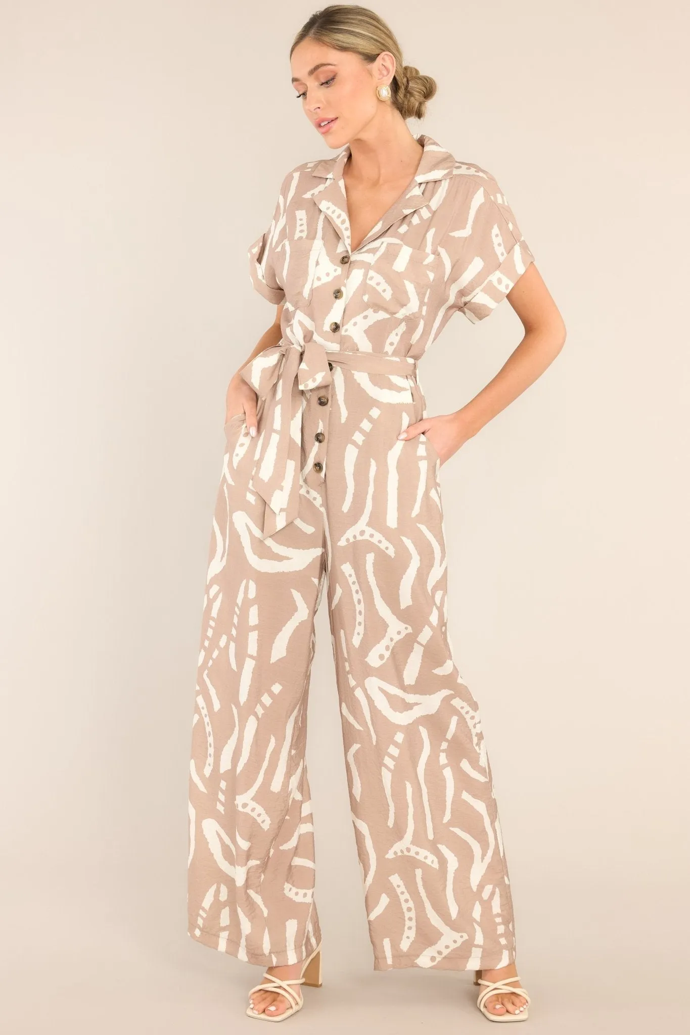 Living In Harmony Taupe Button Front Jumpsuit