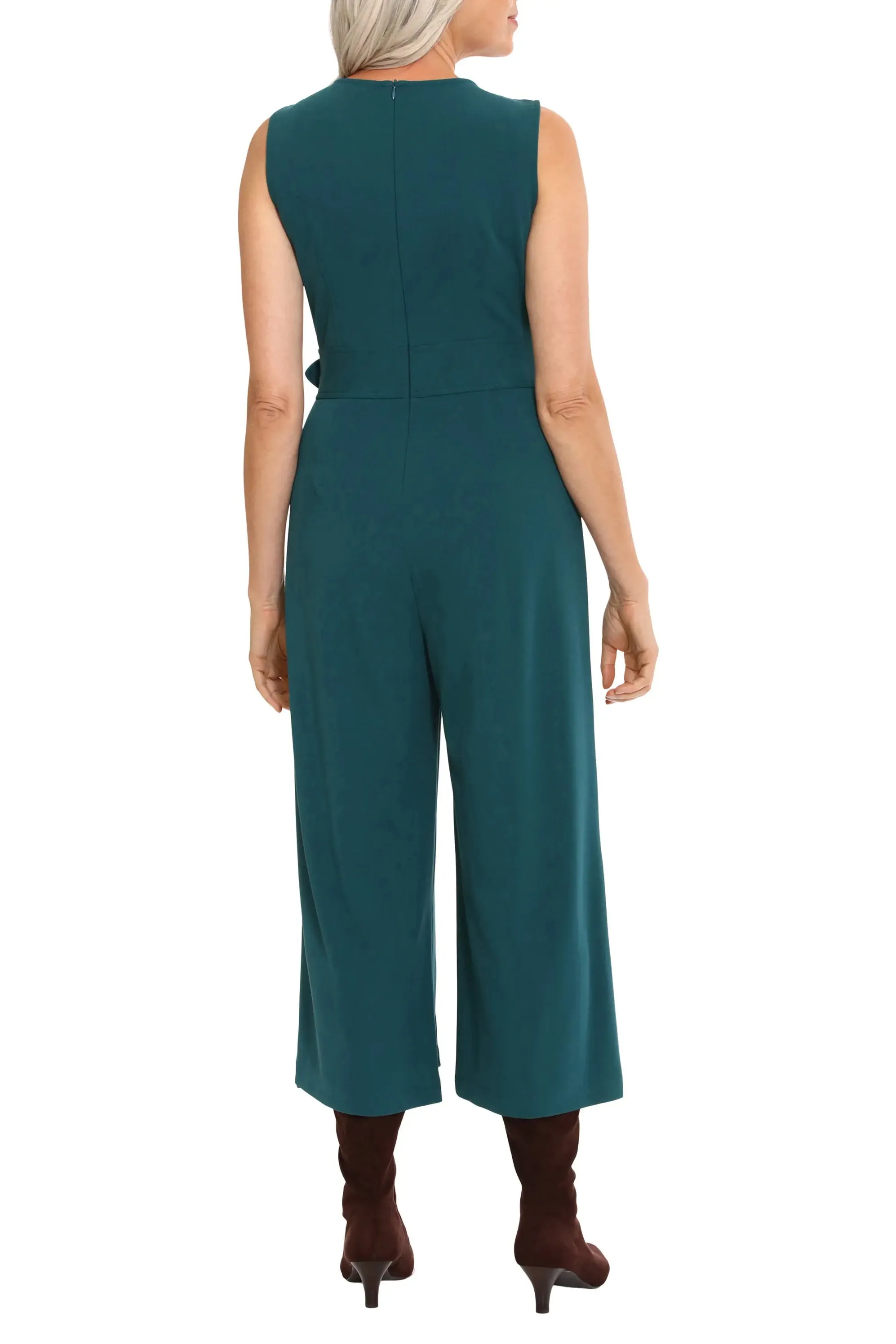 London Times crew neck sleeveless belted solid wide leg stretch crepe jumpsuit