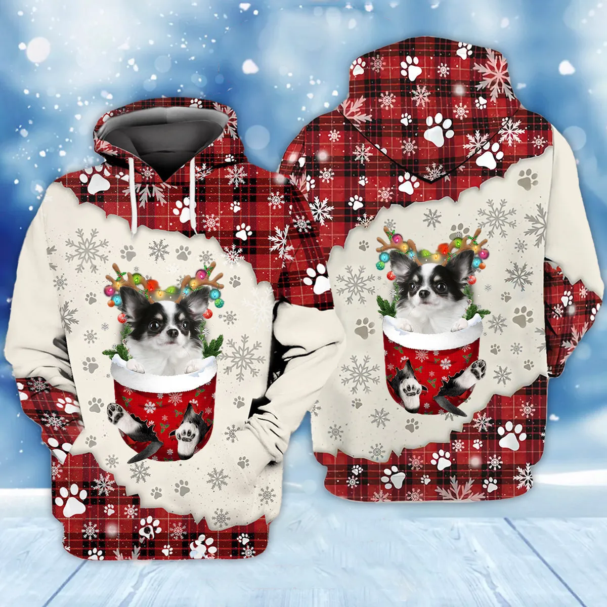 Long haired white Chihuahua In Snow Pocket Merry Christmas Unisex Hoodie