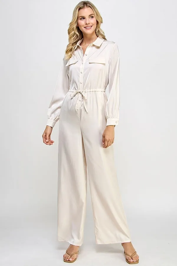 Long sleeve jumpsuit with waist drawstring