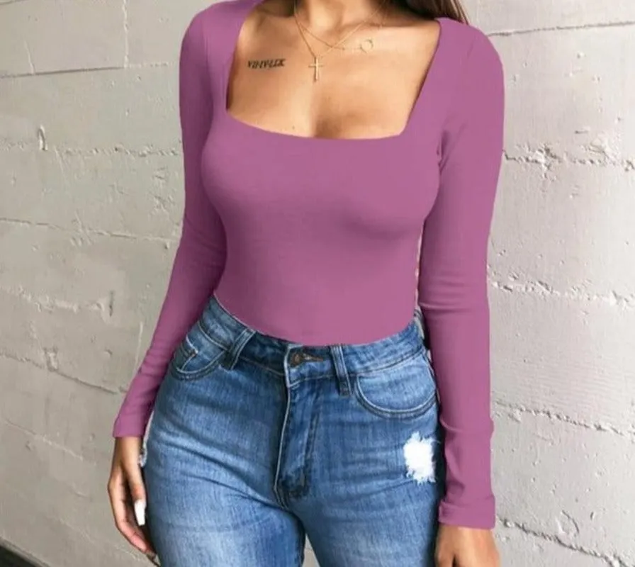 Long Sleeve Knitted Skinny Square Collar Top